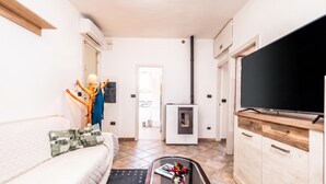 Un espace de vie compact comprenant un canapé, une table basse avec des livres, un téléviseur, une cheminée et une armoire.