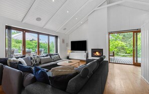 Smart TV, fireplace, DVD player, foosball