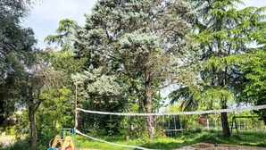 A playground with a slide and climbing structure, surrounded by trees and a rope barrier.