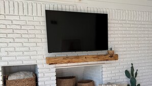 A fireplace with a mounted TV, wicker baskets, and a cactus plant. - Quiet Laguna Beach Home- 1  Block to Ocean - Pool & Spa-Pets - Games - Sleeps 14 (Panama City Beach)