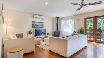 TV, lareira, mesa de pingue-pongue