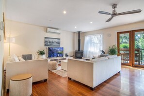 TV, lareira, mesa de pingue-pongue