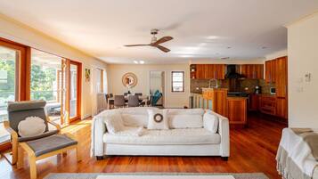 TV, lareira, mesa de pingue-pongue