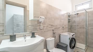 Une salle de bain moderne dotée d’un grand lavabo, de toilettes, d’un lave-linge et d’une cabine de douche en verre.