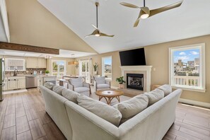 Smart TV, fireplace, books