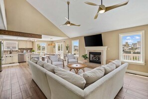 Smart TV, fireplace, books, music library