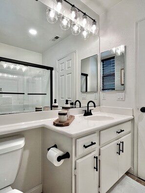 Hair dryer, towels, soap, shampoo