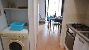 A laundry area with a washing machine and a blue basin, a dining area with a table and chairs, and a kitchen with a stove and oven.