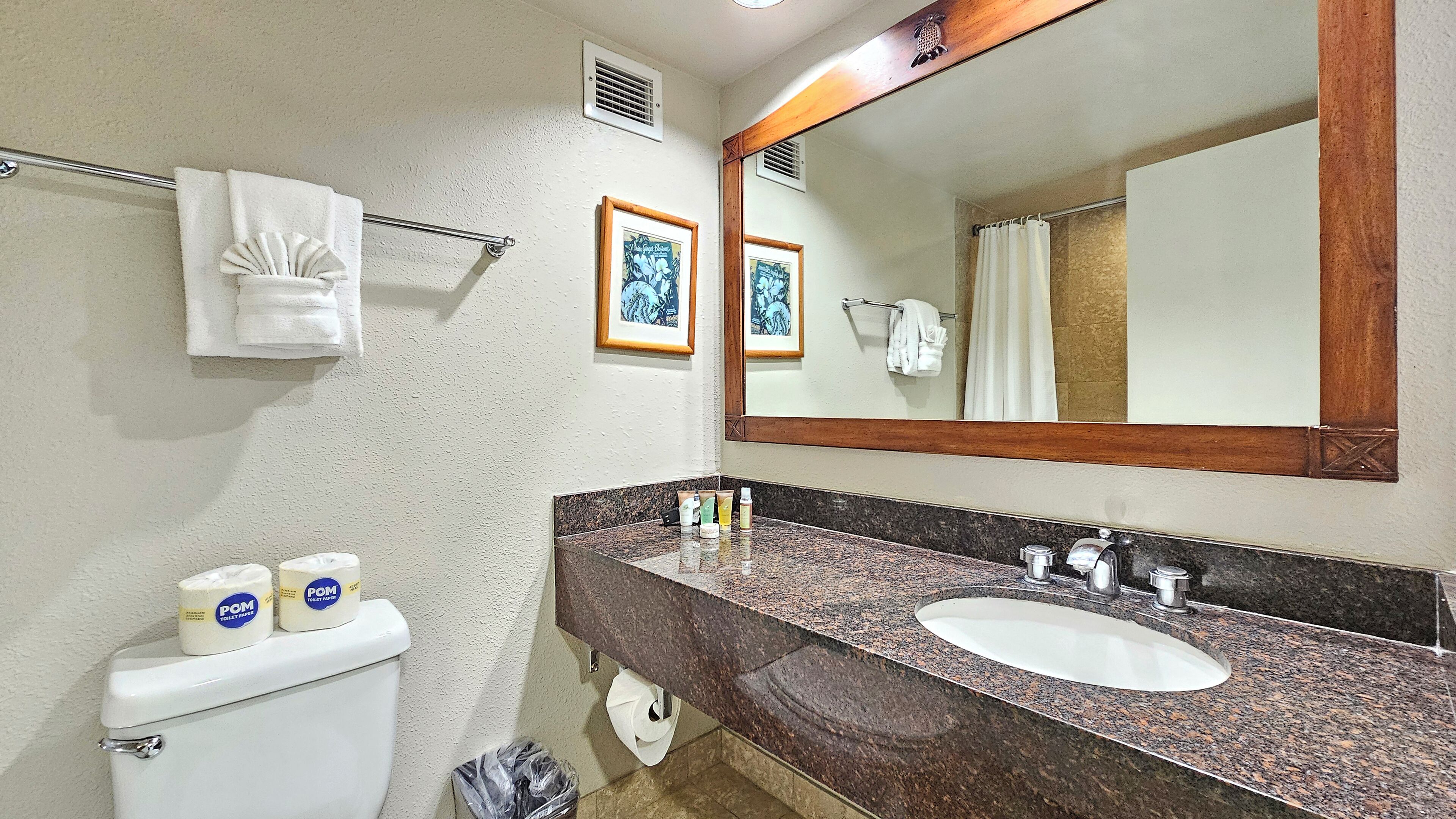 Une salle de bain avec des toilettes blanches, un lavabo doté d’un plan de travail en granit, un miroir et des œuvres d’art encadrées accrochées au mur.