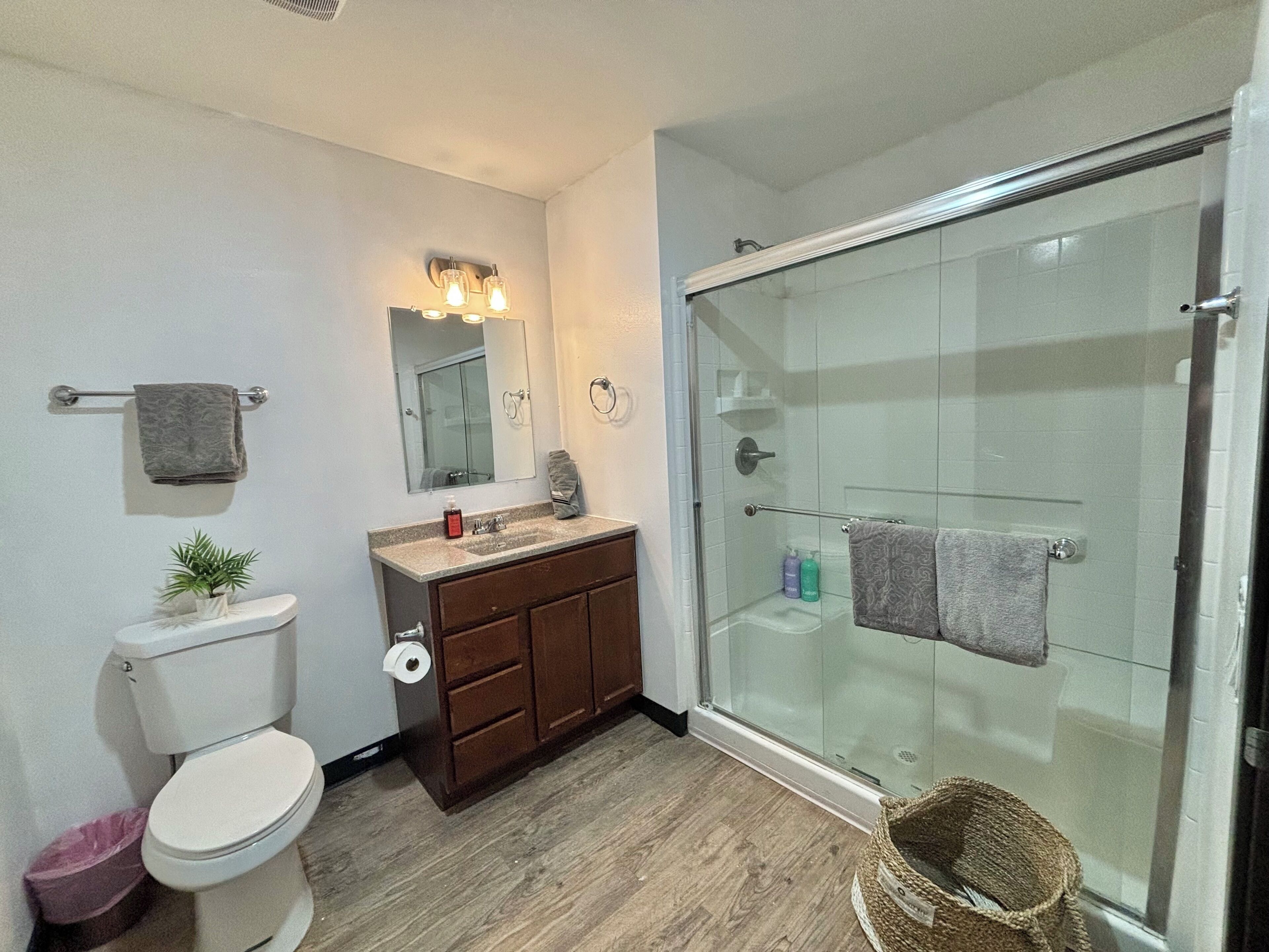 Secadora de cabello, toallas, jabón, papel de baño 