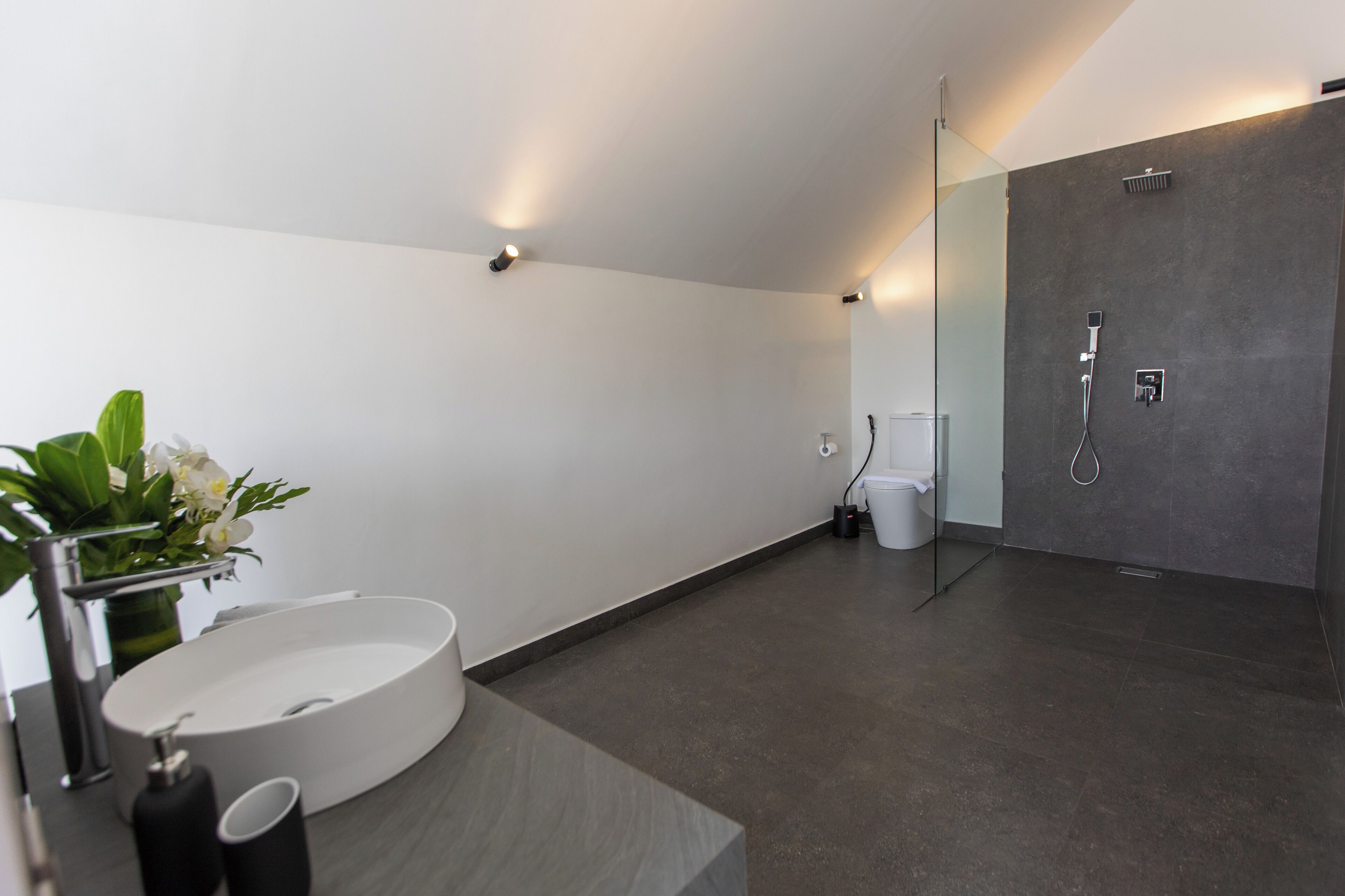 A modern bathroom with a round sink, a toilet, and a shower area.