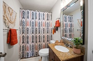 Hair dryer, towels, soap, toilet paper