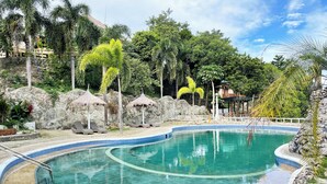 Una piscina de borde curvo, rodeada de rocas y palmeras.