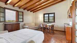 Un dormitorio con cama, sofá, mesa de comedor con sillas, zona de cocina y ventanas grandes.
