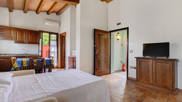 Quarto com cama, armário de madeira, televisão e área de cozinha com armários de madeira e chão de azulejo.