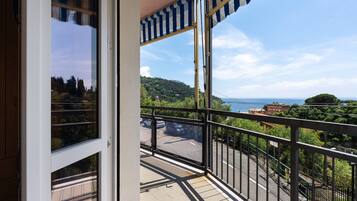 Un balcone con vista su un paesaggio costiero, che include una strada e degli edifici.