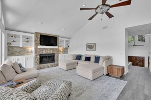 Smart TV, fireplace, books