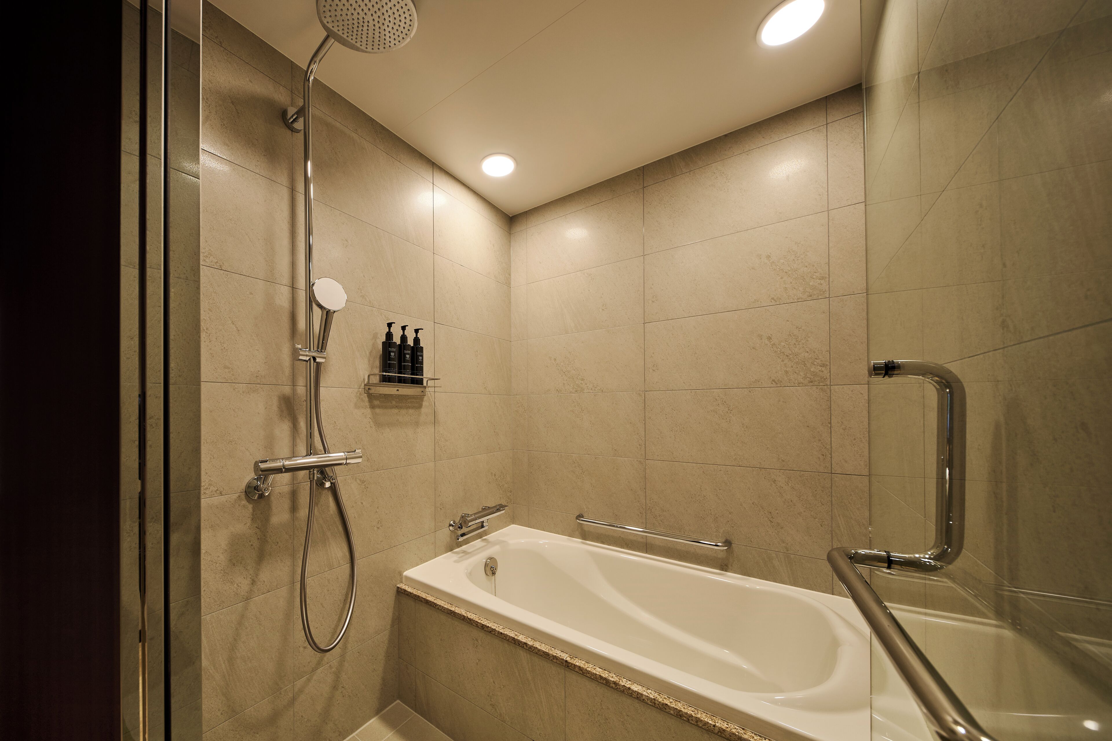 A modern bathroom with a bathtub, shower, and handrails.
