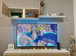 A flat-screen TV mounted on a wall, with a shelf above displaying books and decorative items.