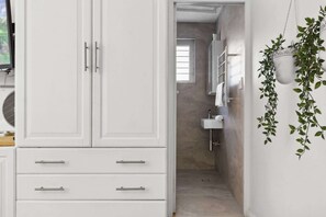 Shower, hair dryer, towels