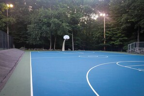 Un terrain de basket en plein air, doté d’une surface bleue, entouré d’arbres et d’une clôture en bois.