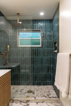 Shower, hair dryer, towels