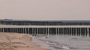 A beach with a wooden breakwater extending into the sea, sandy shore, and a clear sky.