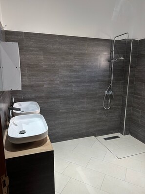 Douche, serviettes fournies, papier toilette