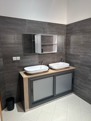 A modern bathroom with two sinks, a mirror, and a cabinet. - Splendid villa in Warang (Warang)