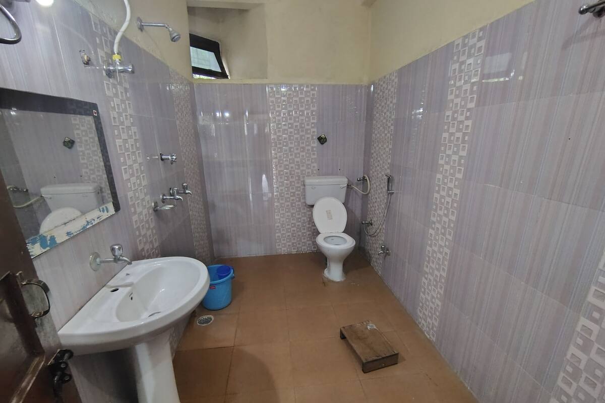 Une salle de bain avec un lavabo, des toilettes et une douche.