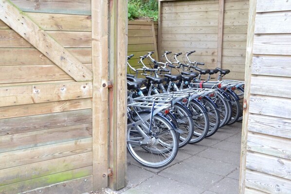 Bicycles are stored in a secure shed with tile flooring.