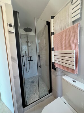 A modern bathroom with a glass-enclosed shower, a toilet, and a towel rack.