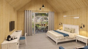 Ein Schlafzimmer mit Holzwandverkleidung, einem Bett, Nachttischen, einem Schreibtisch und einem Stuhl.