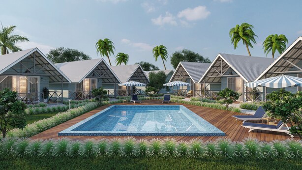 Ein Resort mit einem zentralen Schwimmbad, mehreren Bungalows und Sitzbereichen im Freien.