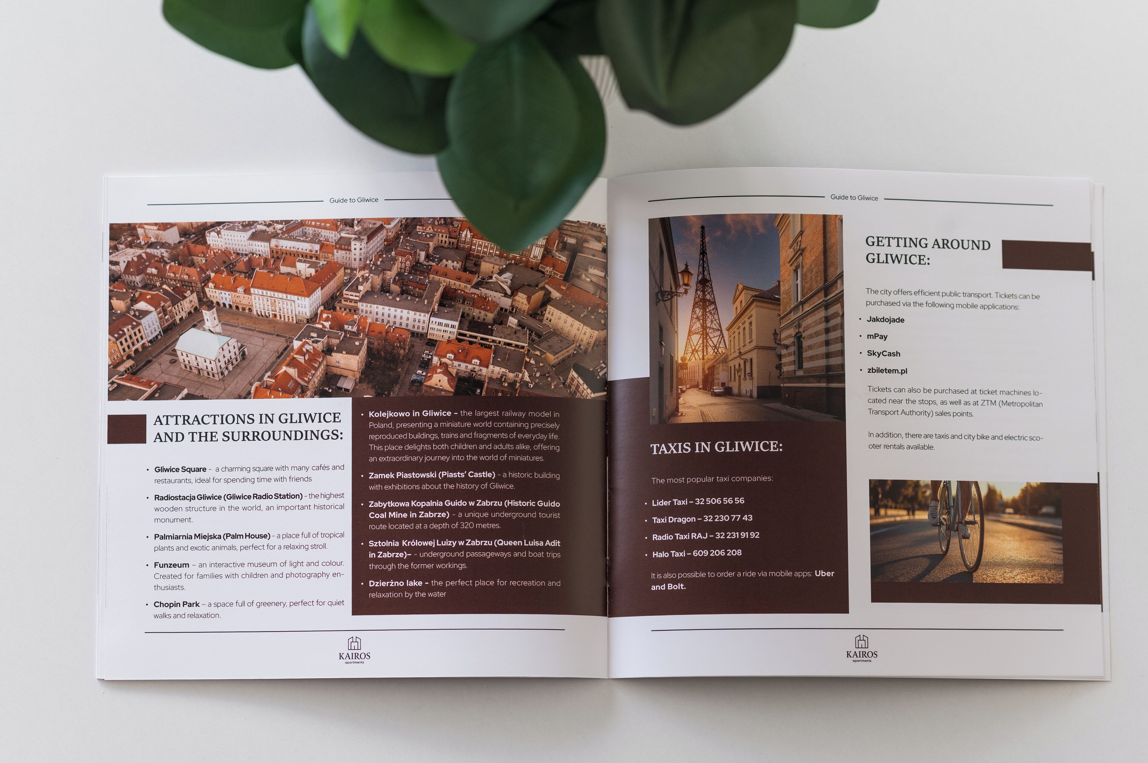 Un guide de voyage ouvert aux pages consacrées aux sites touristiques et aux transports en commun de Gliwice.
