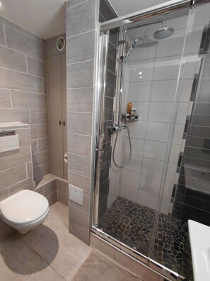 Een moderne badkamer met een douchecabine van glas, een toilet en een wastafel.