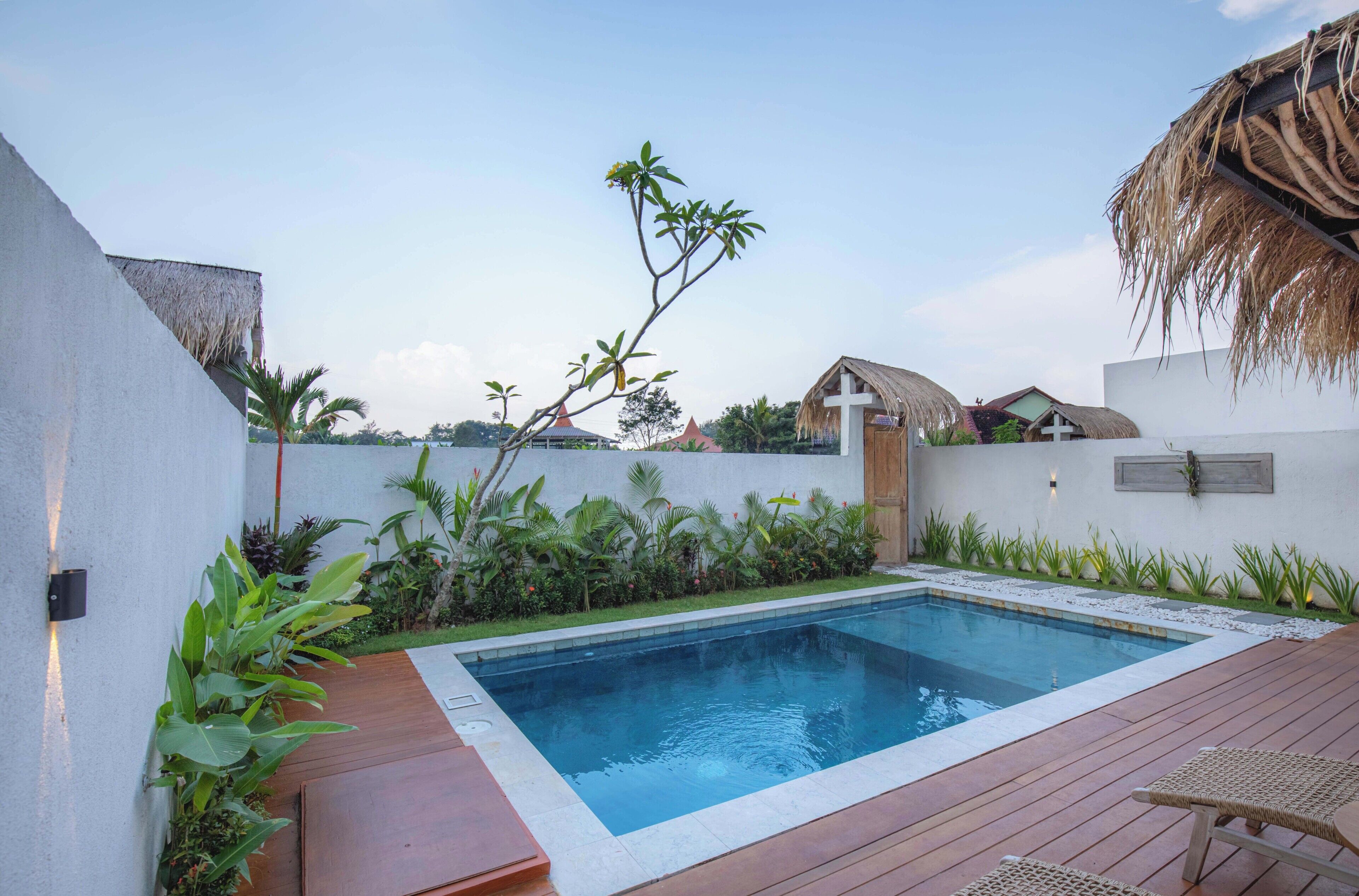 A rectangular swimming pool with a wooden deck and lounge chairs, surrounded by lush greenery and a white wall with a thatched-roof structure.