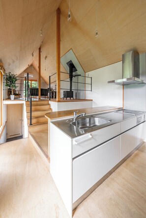 Full-size fridge, microwave, stovetop, toaster