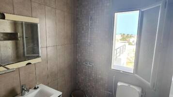 Shower, towels, soap, toilet paper