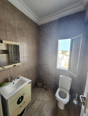 Regadera, toallas, jabón, papel de baño