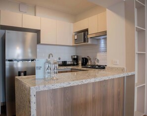 Fridge, microwave, oven, stovetop