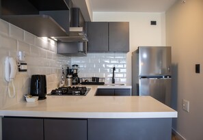 Fridge, microwave, oven, stovetop