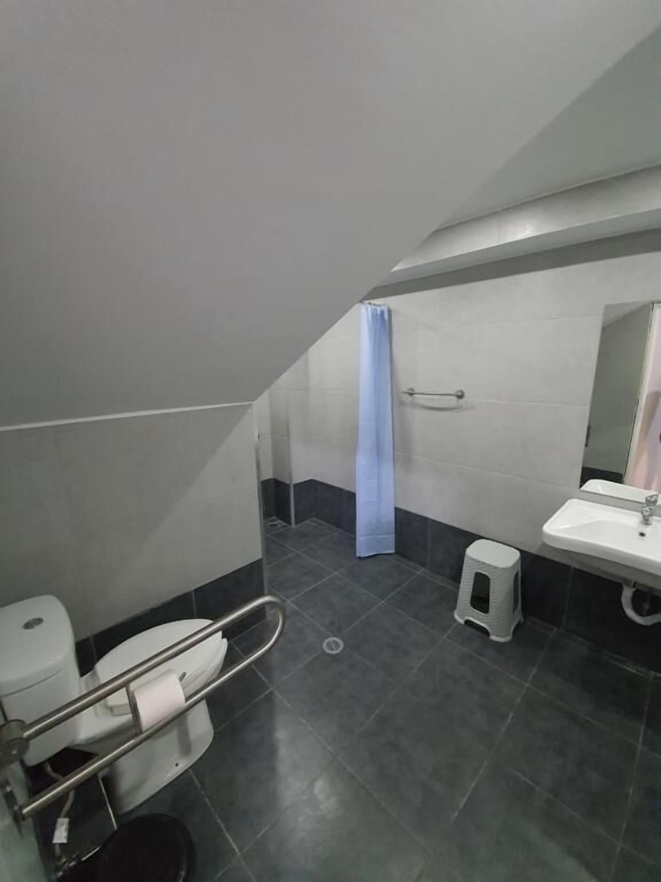 Une petite salle de bain moderne équipée de toilettes, d’une douche et d’un lavabo.
