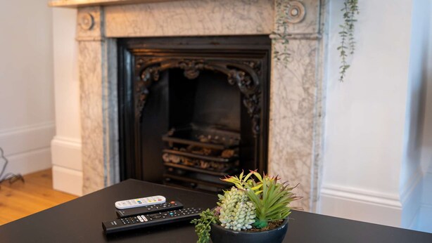 A fireplace with a marble surround, a black table with two remote controls, and a potted plant. - 36 Queens Road Top Floor (Reading)