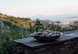A bowl of stones on a stone ledge with a mountainous landscape in the background. - Pelion Secluded House (Volos)