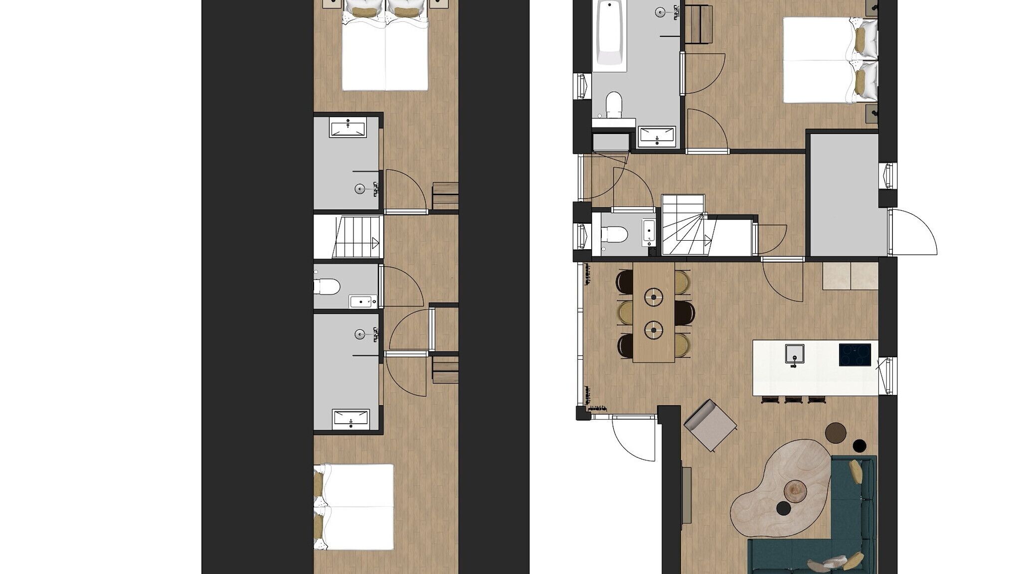 A floor plan of a hotel room with a bed, a desk, a chair, a small bathroom, and a seating area with a table and chairs.