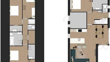 Een plattegrond van een hotelkamer, met een slaapkamer, badkamer, kitchenette en een zithoek met een bank en salontafel.