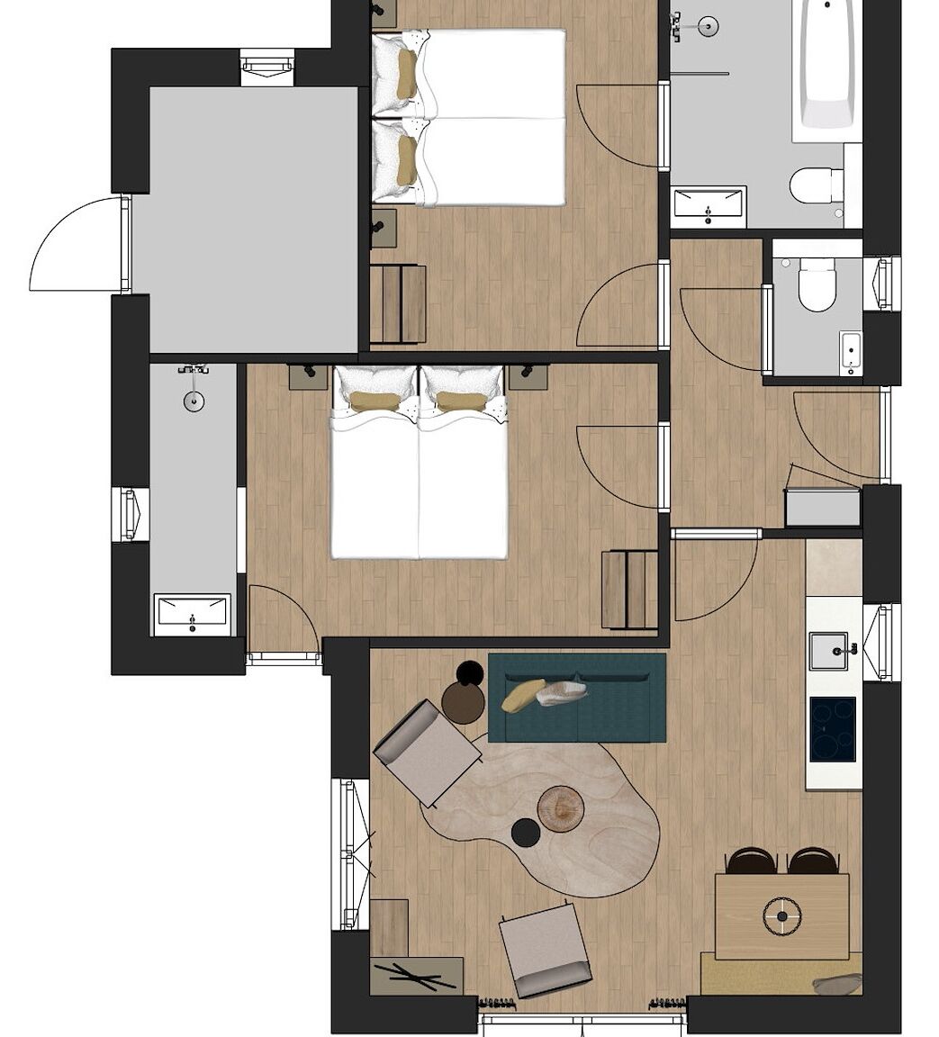 Distribución de una habitación de hotel con cama, zona de estar y kitchenette.