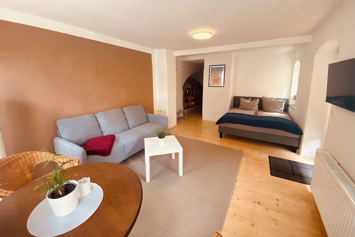 Ein Wohnzimmer mit grauem Sofa, weißem Couchtisch, braunem Esstisch mit Pflanze und einem Bett mit blauer Bettdecke.