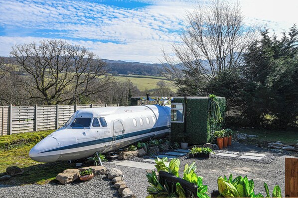 A small private jet parked in a garden with a scenic view of hills and trees.